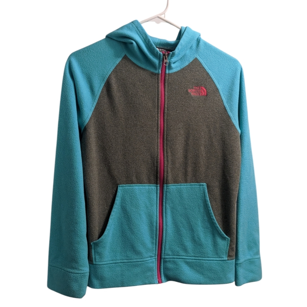 The North Face Girls Teal and Gray Full Zip Hoodie Fleece L (14/16)